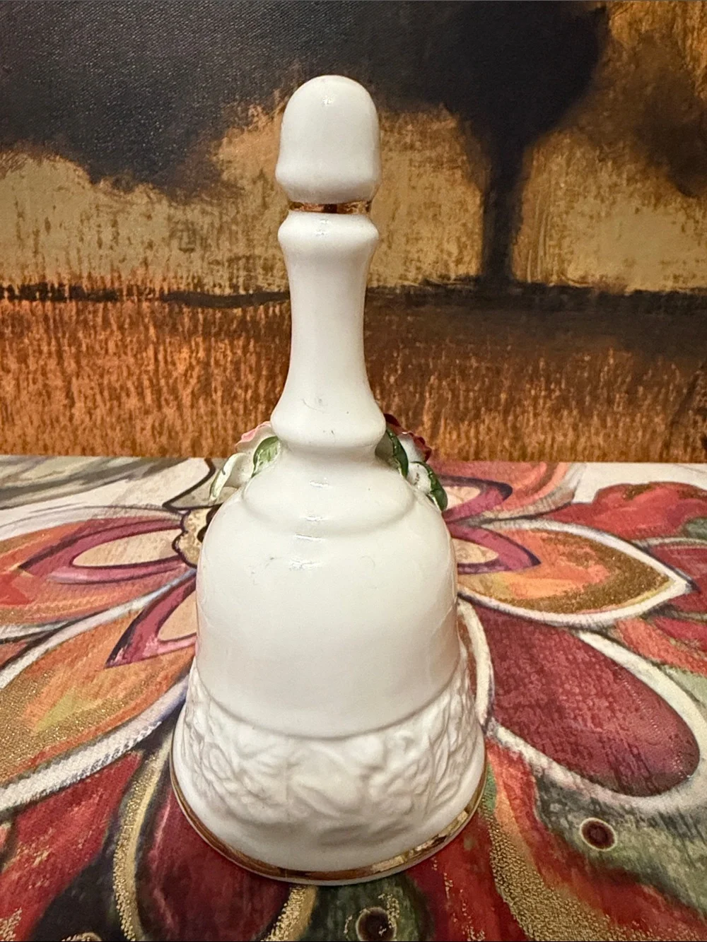Porcelain Floral Bell - White with Pink, Burgundy & Yellow Roses